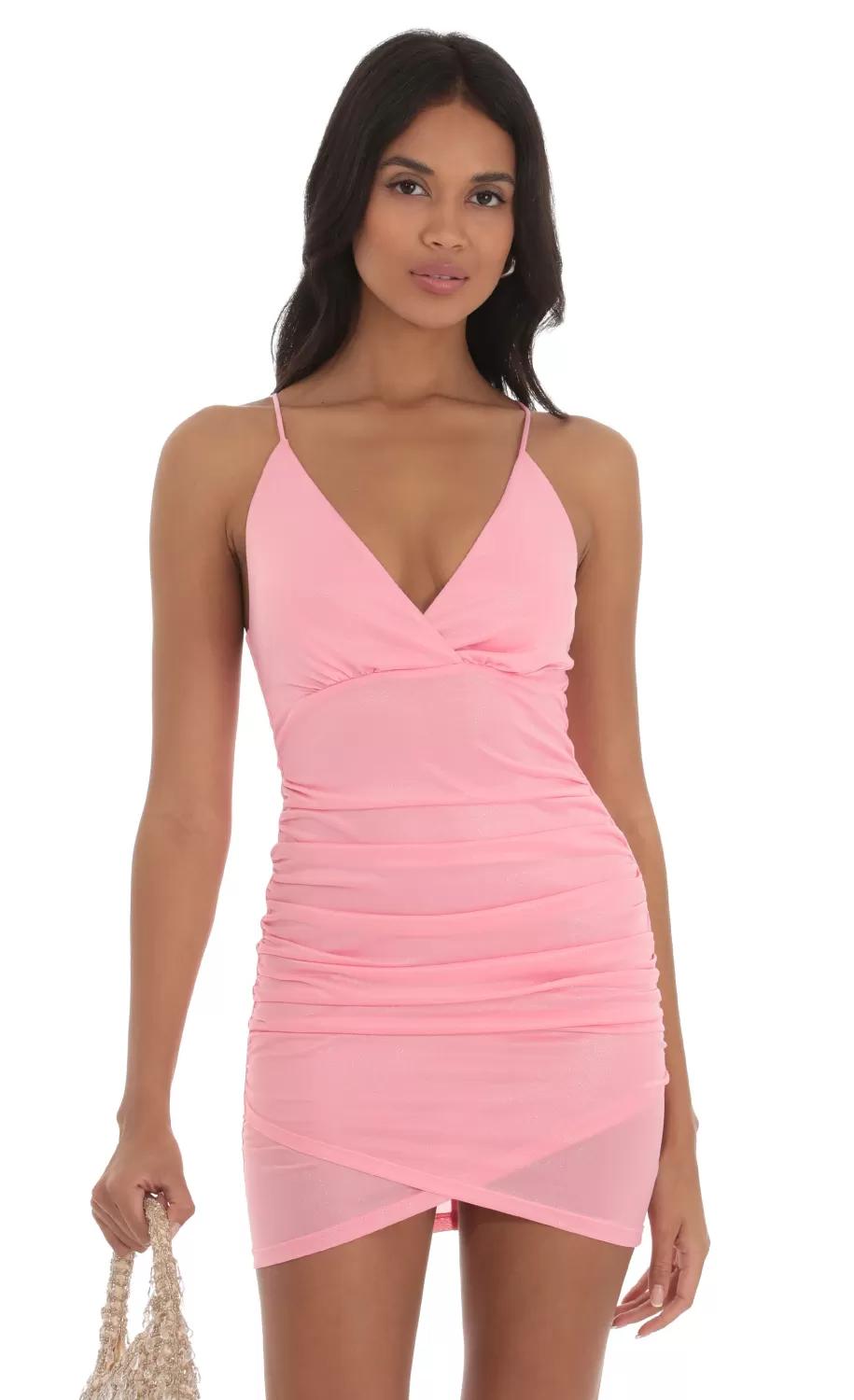 Shimmer Ruched Cross-Back Dress In Pink^LUCY IN THE SKY Sale