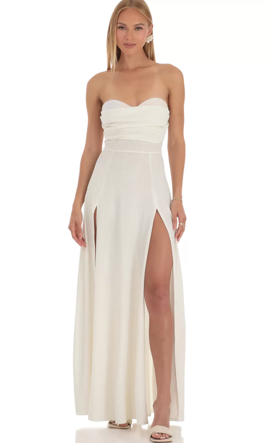 Shimmer Sequin Velvet Maxi Dress In White^LUCY IN THE SKY Discount