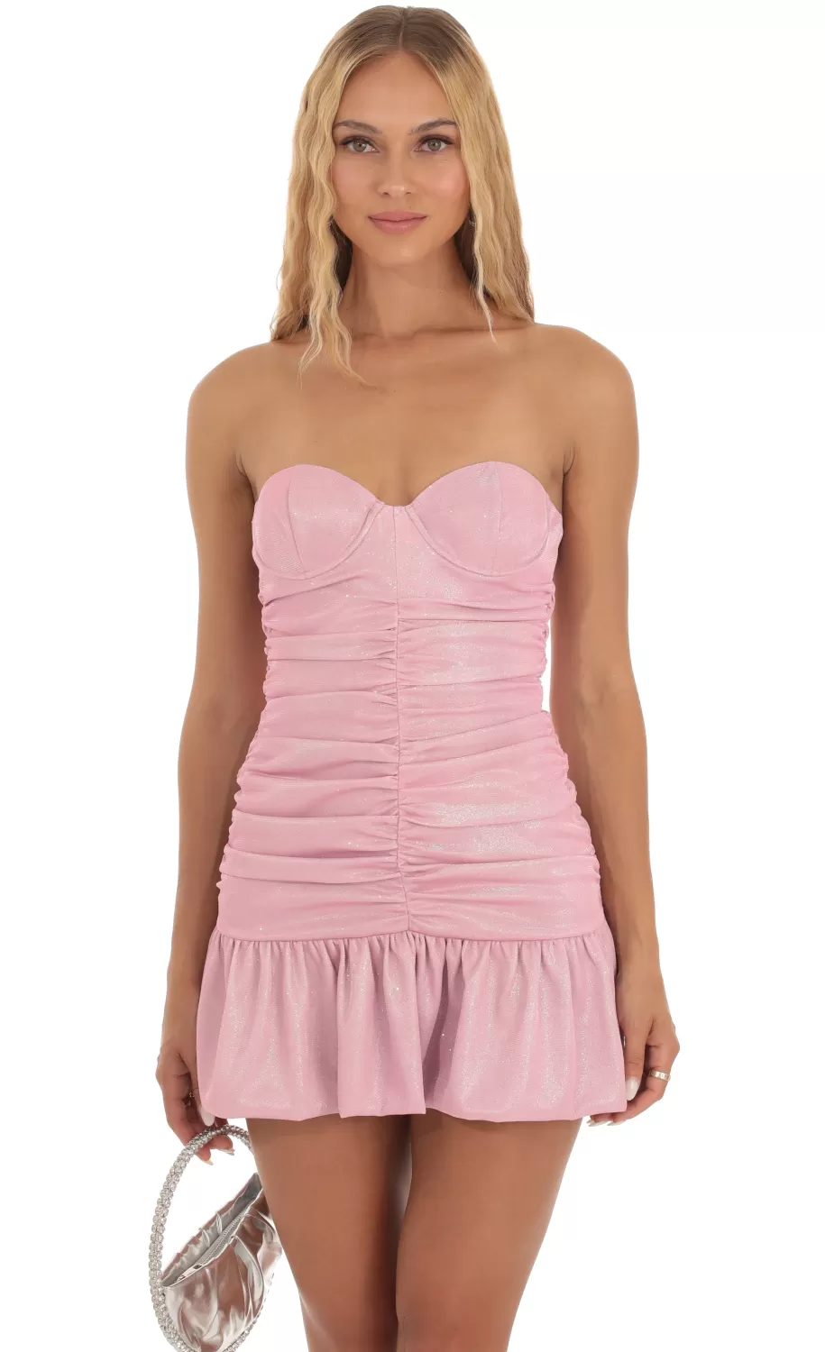 Shimmer Strapless Ruched Dress In Pink^LUCY IN THE SKY Hot