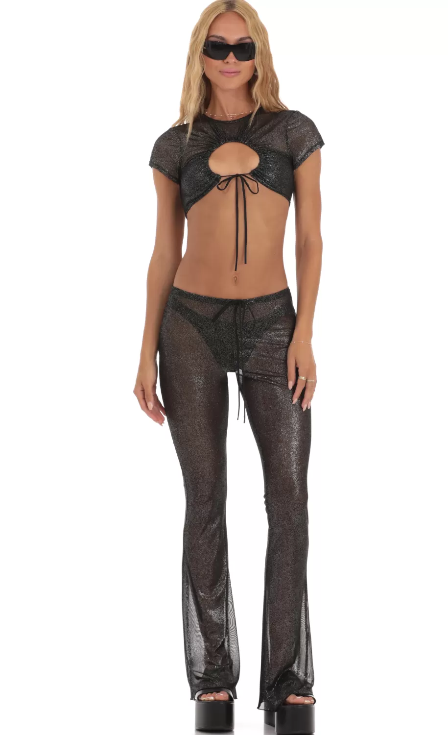 Shimmer Three Piece Pant Set In Black^LUCY IN THE SKY Clearance