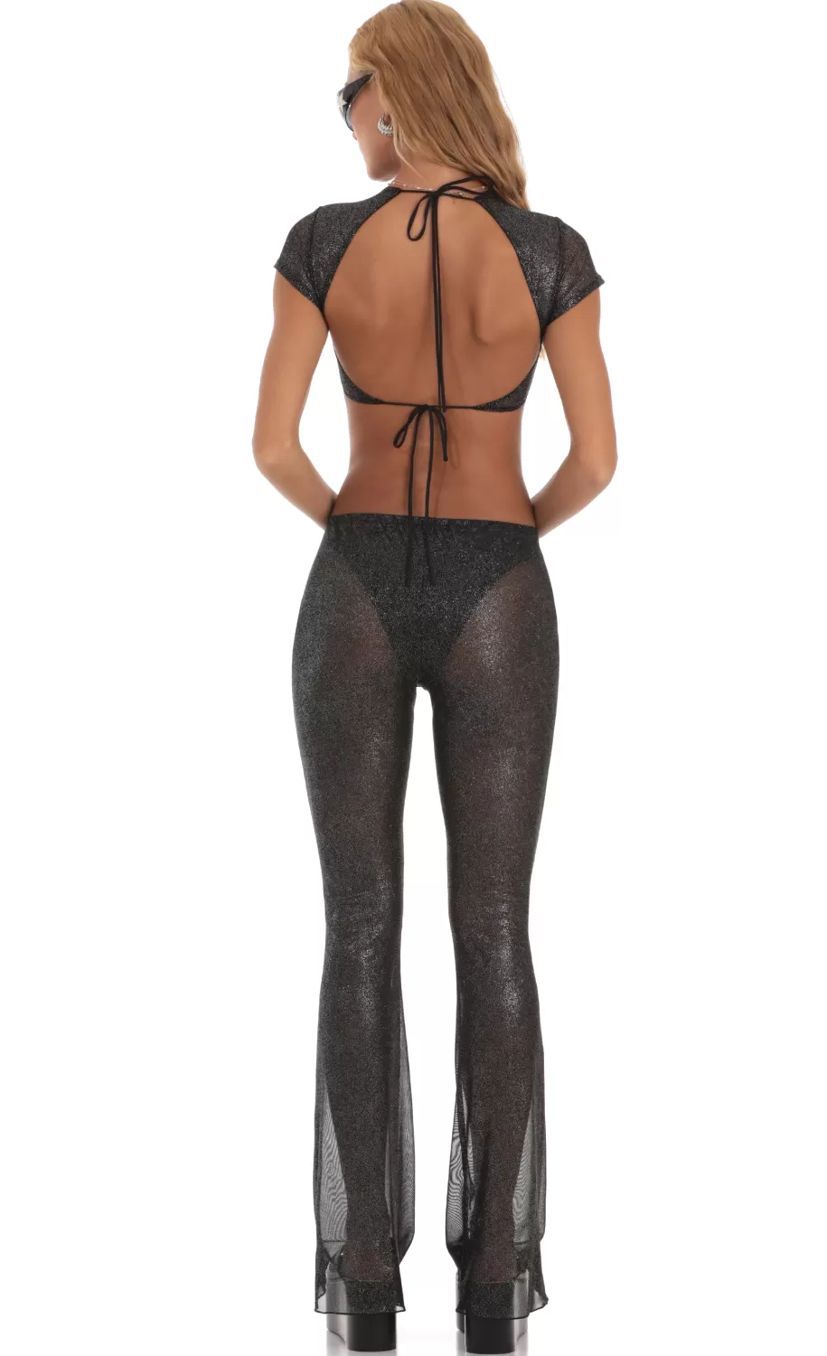 Shimmer Three Piece Pant Set In Black^LUCY IN THE SKY Clearance