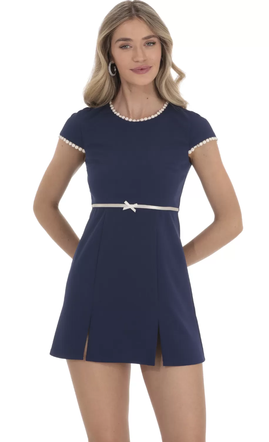 Short Sleeve Double Slit Dress In Navy^LUCY IN THE SKY Shop