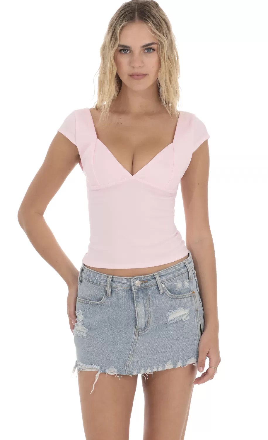 Short Sleeve V-Neck Top In Pink^LUCY IN THE SKY Shop