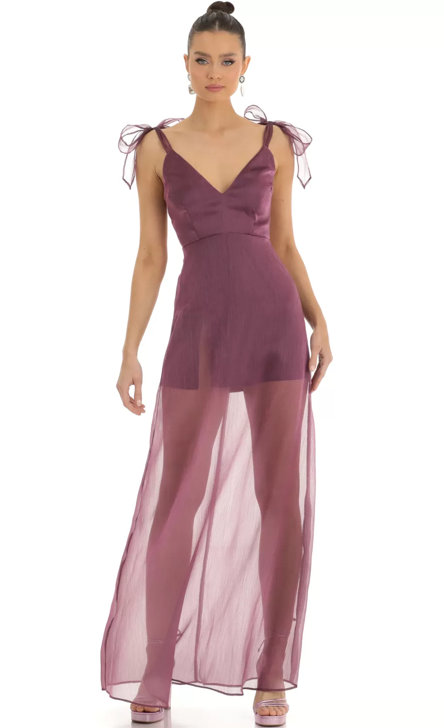 Shoulder Bow A-Line Illusion Maxi Dress In Purple^LUCY IN THE SKY Fashion