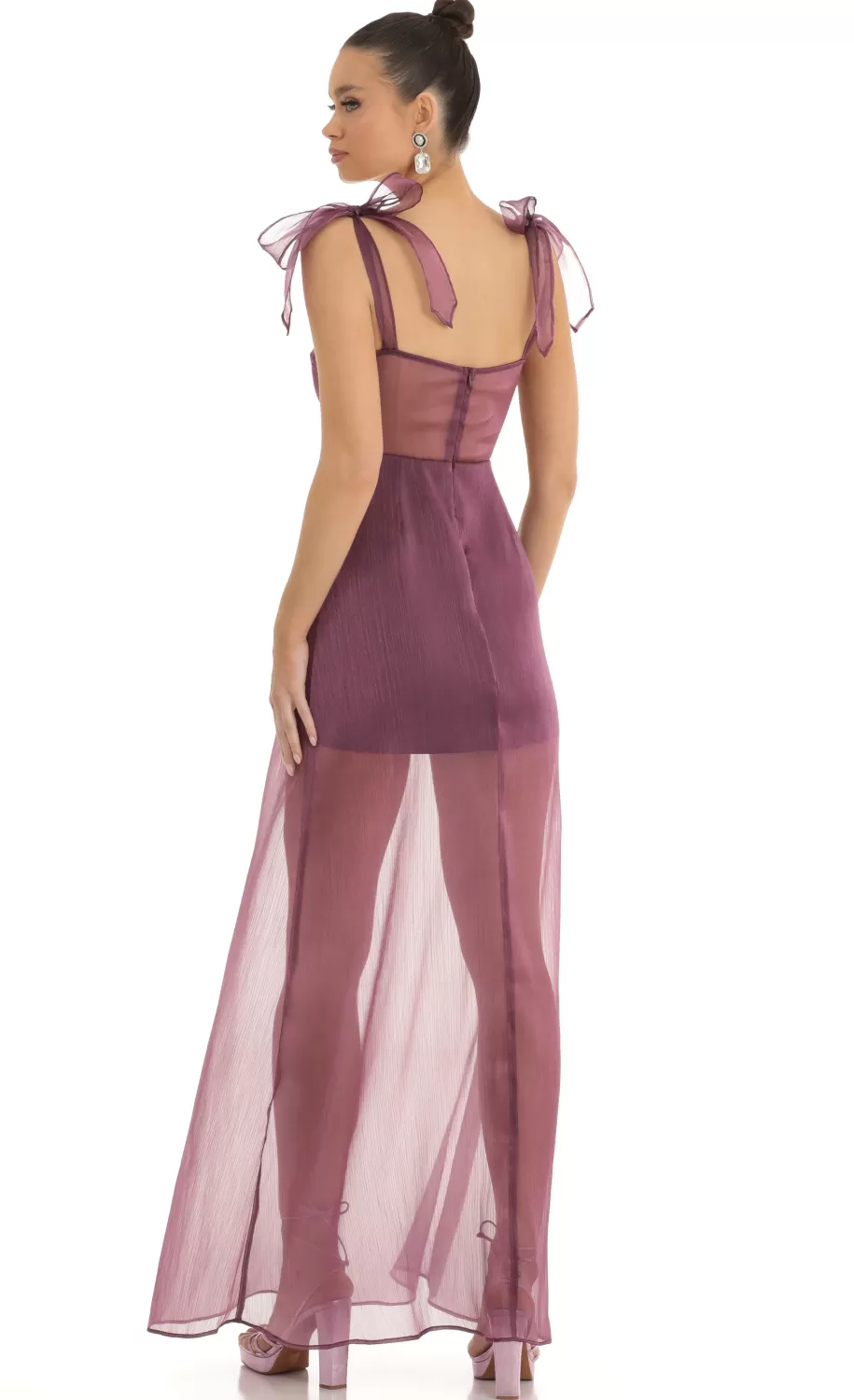 Shoulder Bow A-Line Illusion Maxi Dress In Purple^LUCY IN THE SKY Fashion