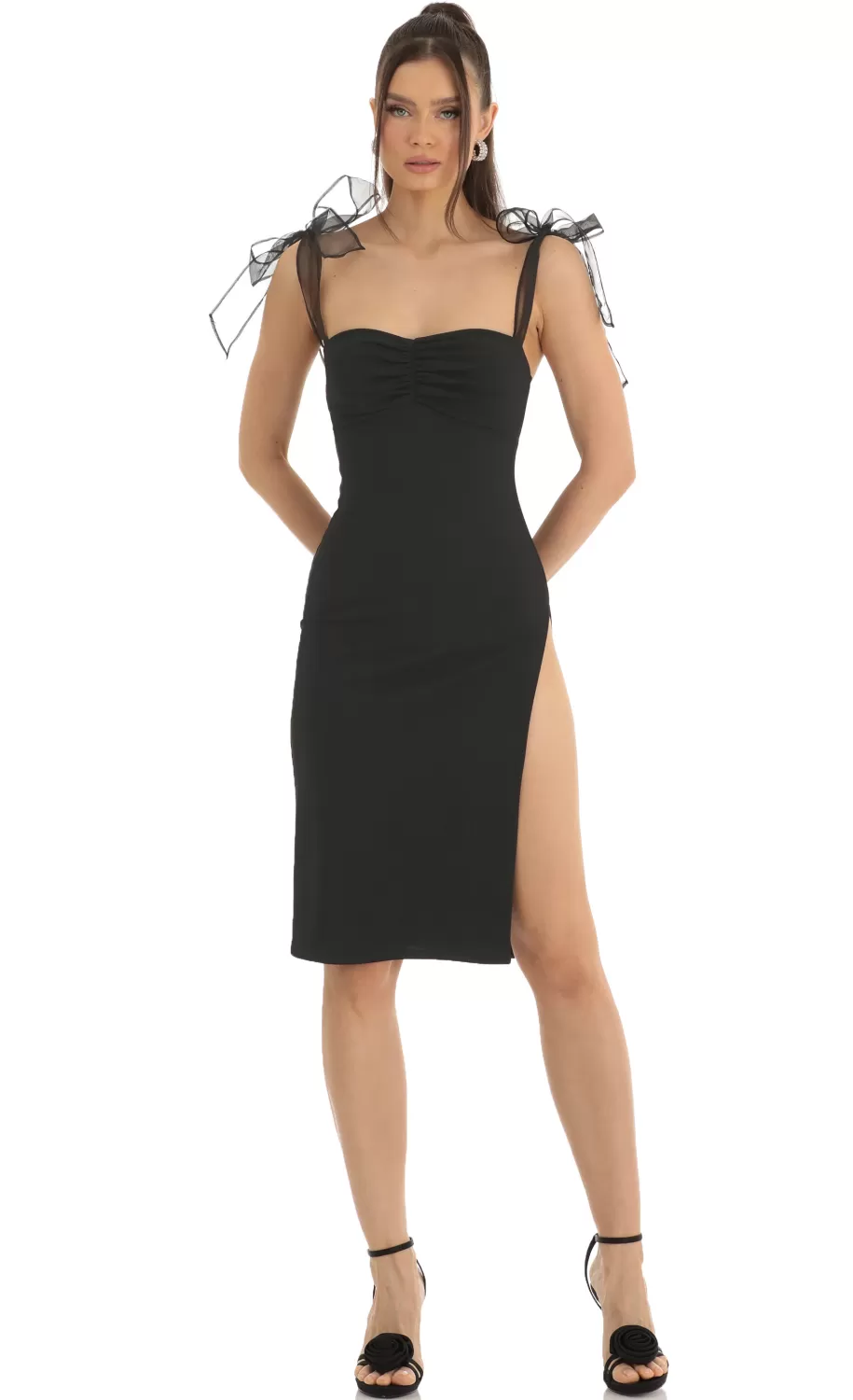 Shoulder Bow Tie Crepe Midi Dress In Black^LUCY IN THE SKY Cheap