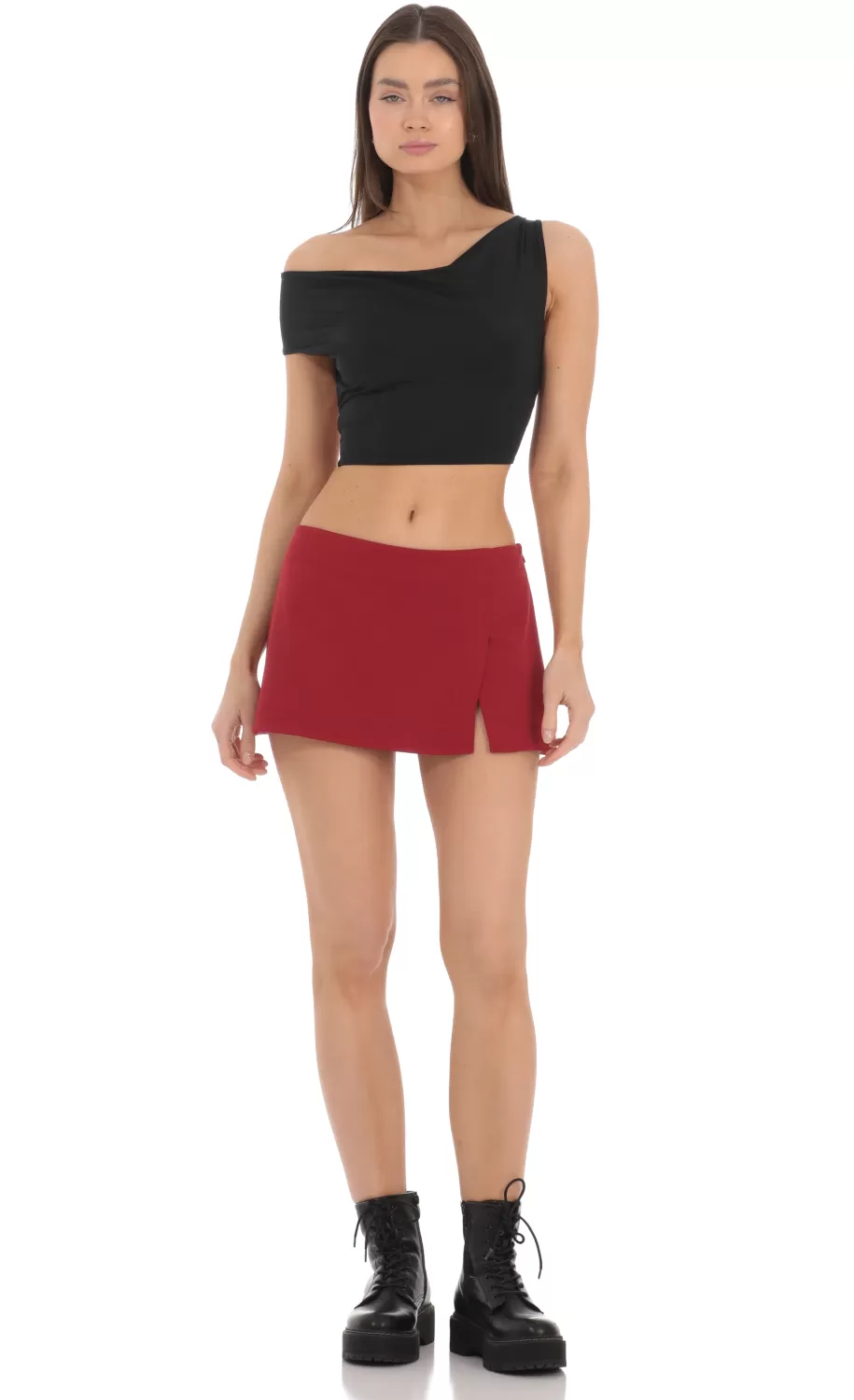 Side Slit Mini Skirt In Red^LUCY IN THE SKY New