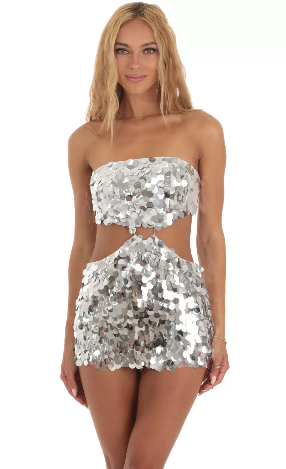 Silver Sequin Cutout Dress In White^LUCY IN THE SKY Store