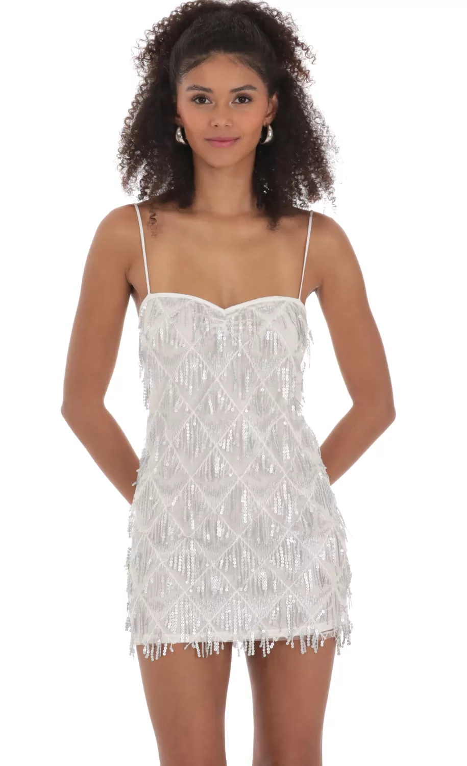 Silver Sequin Fringe Dress In White^LUCY IN THE SKY Hot