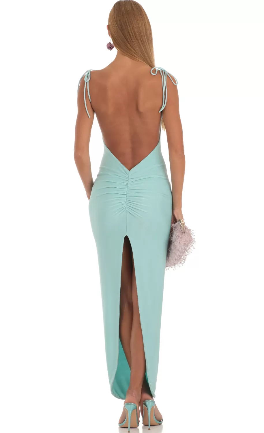 Slinky Back Slit Maxi Dress In Aqua^LUCY IN THE SKY Sale