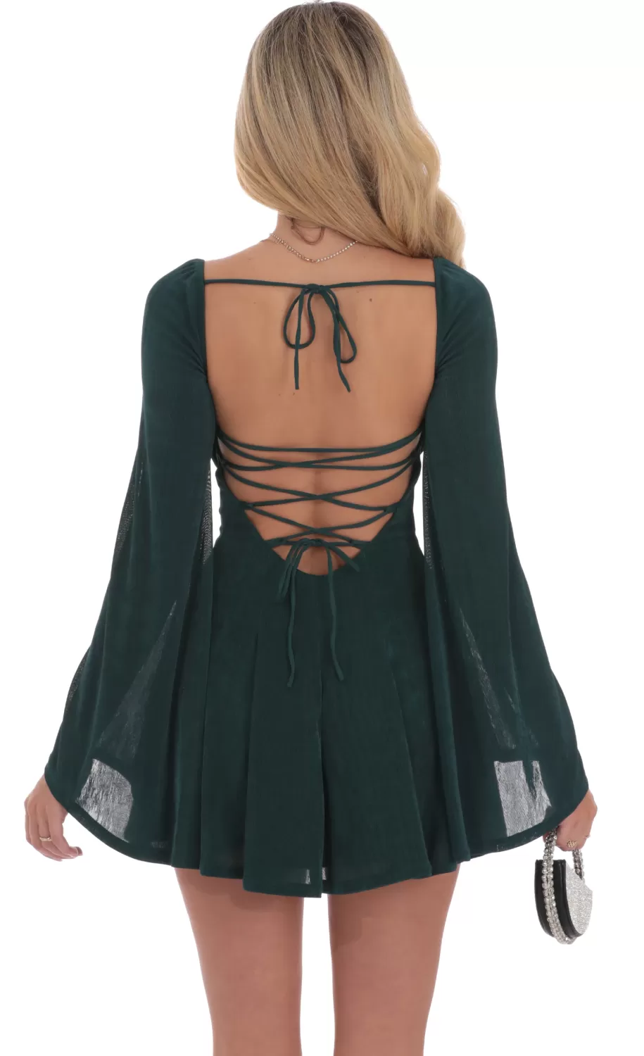 Slinky Flare Sleeve Dress In Dark Green^LUCY IN THE SKY Shop