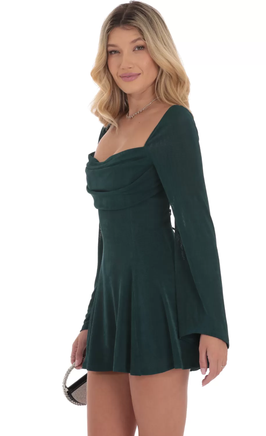 Slinky Flare Sleeve Dress In Dark Green^LUCY IN THE SKY Shop