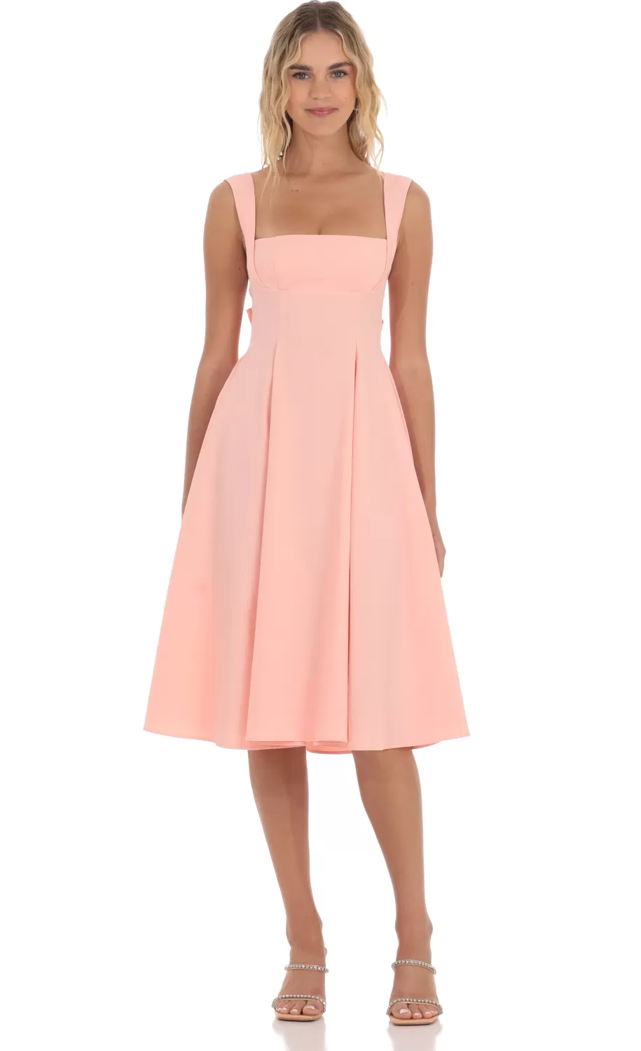 Square Neck Flare Midi Dress In Pink^LUCY IN THE SKY Fashion