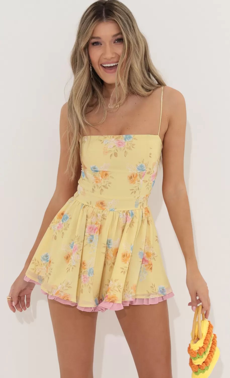 Square Neck Floral Romper In Yellow^LUCY IN THE SKY Clearance