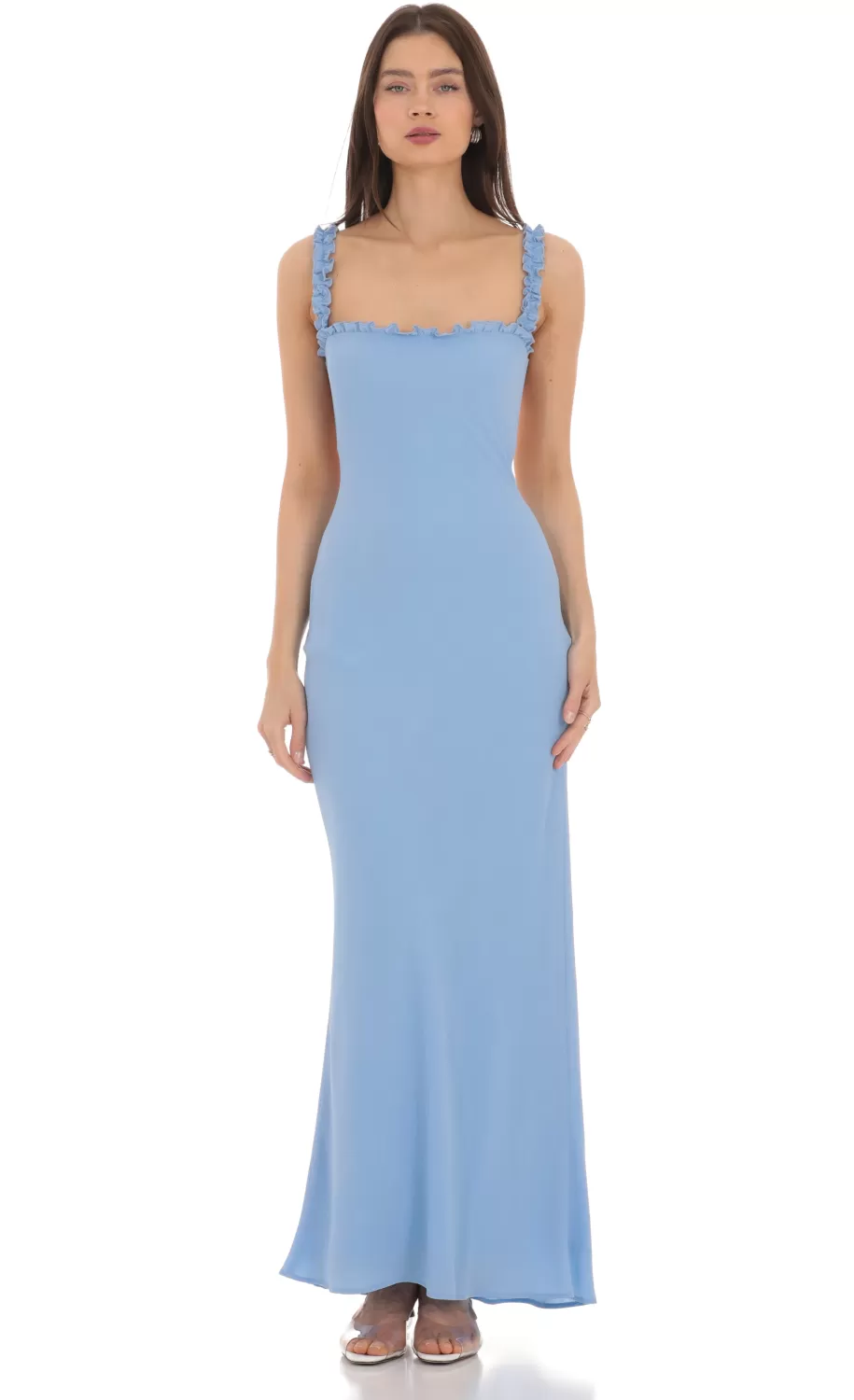 Square Neck Ruffle Strap Maxi Dress In Blue^LUCY IN THE SKY Best