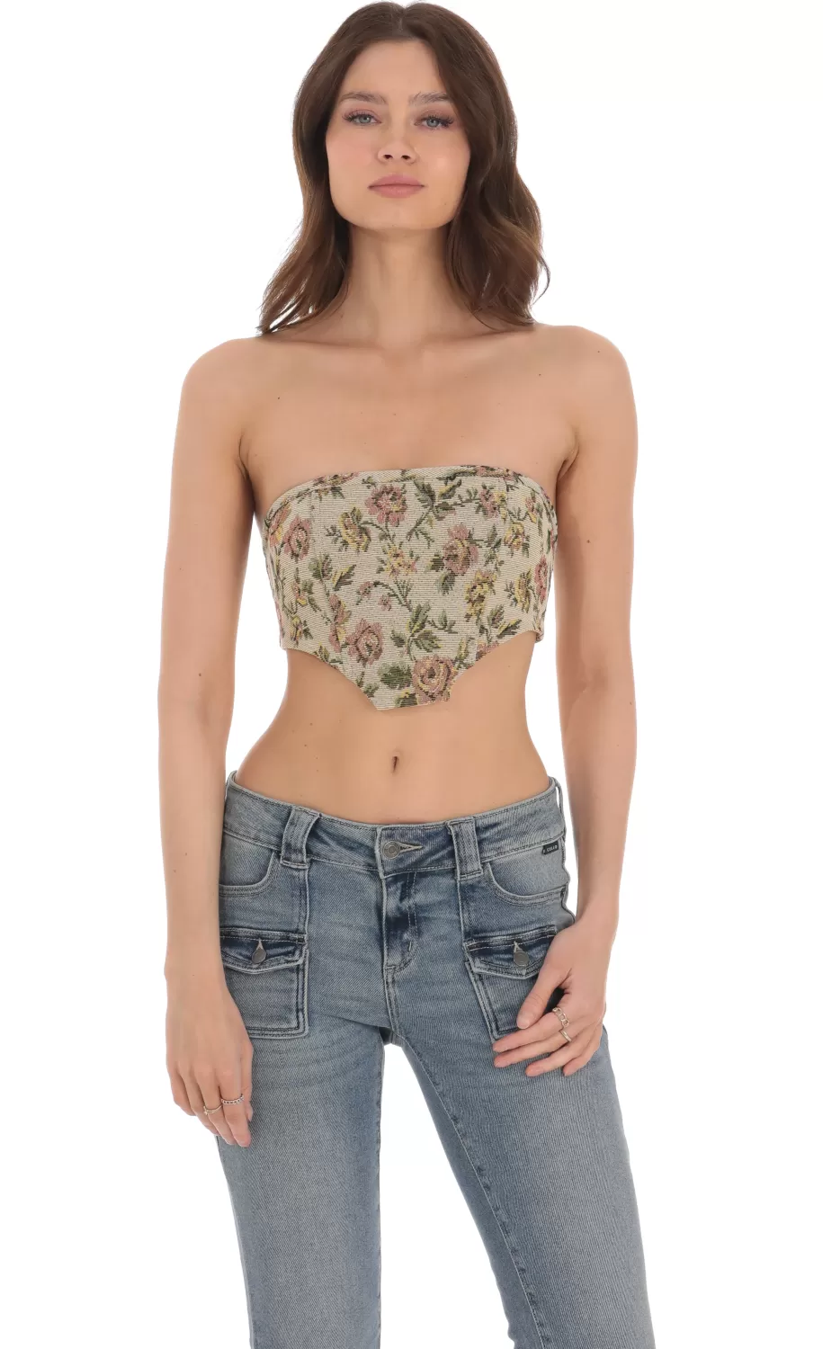 Strapless Floral Corset Top In Tan^LUCY IN THE SKY Best Sale