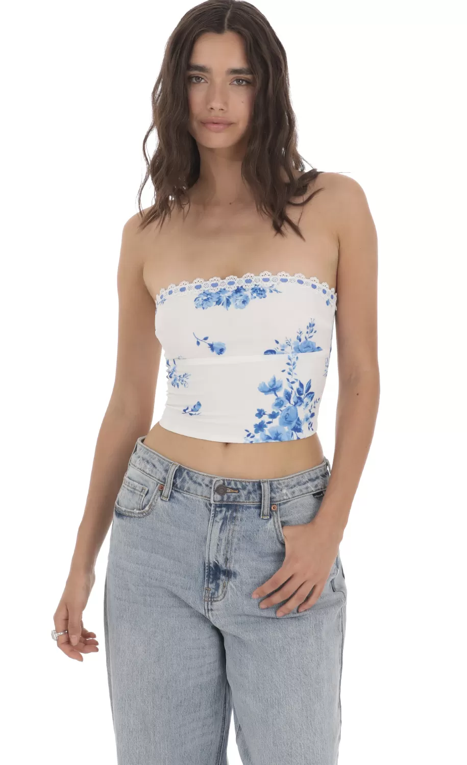 Strapless Floral Top In White^LUCY IN THE SKY Flash Sale