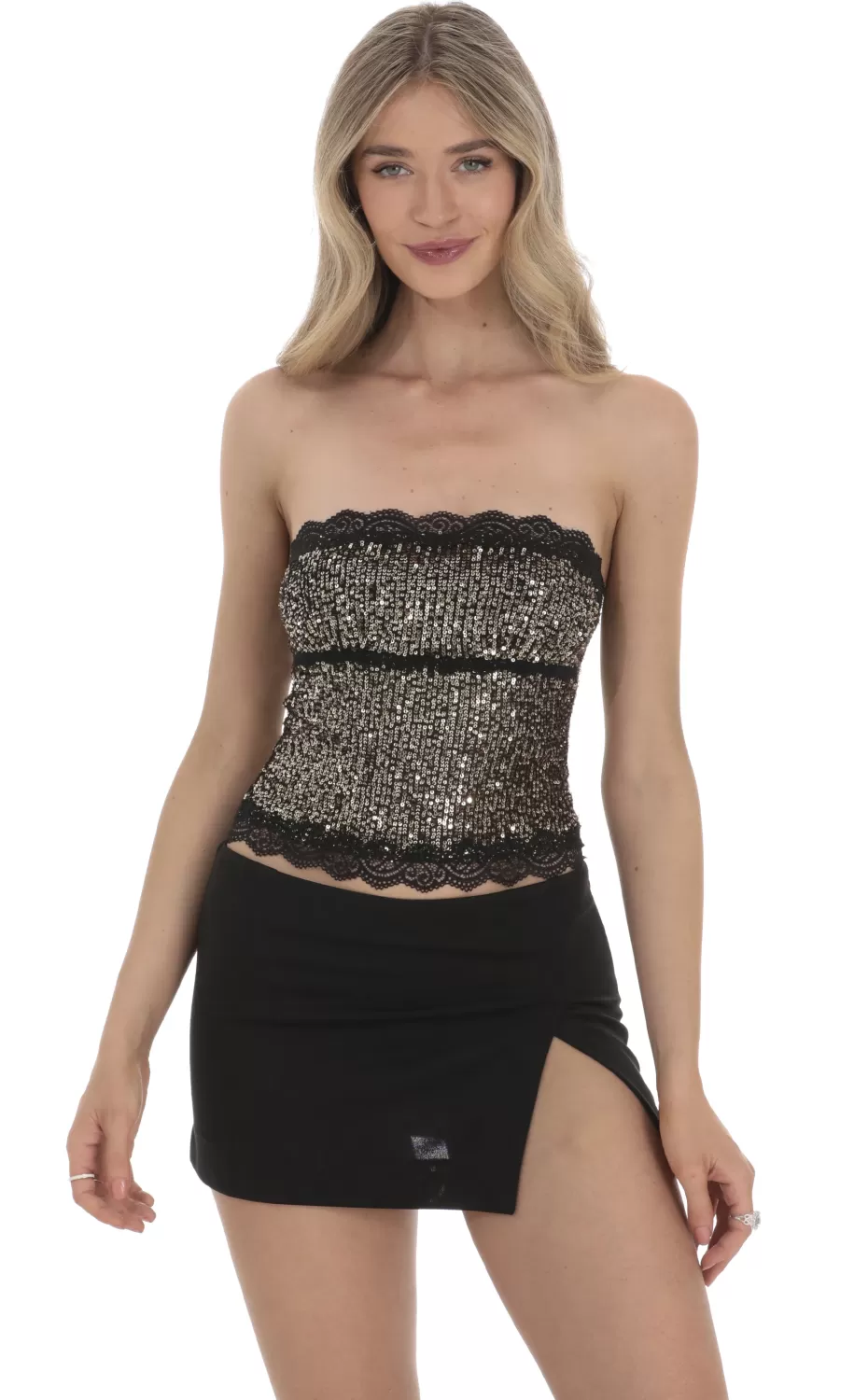 Strapless Gold Sequin Top In Black^LUCY IN THE SKY Cheap