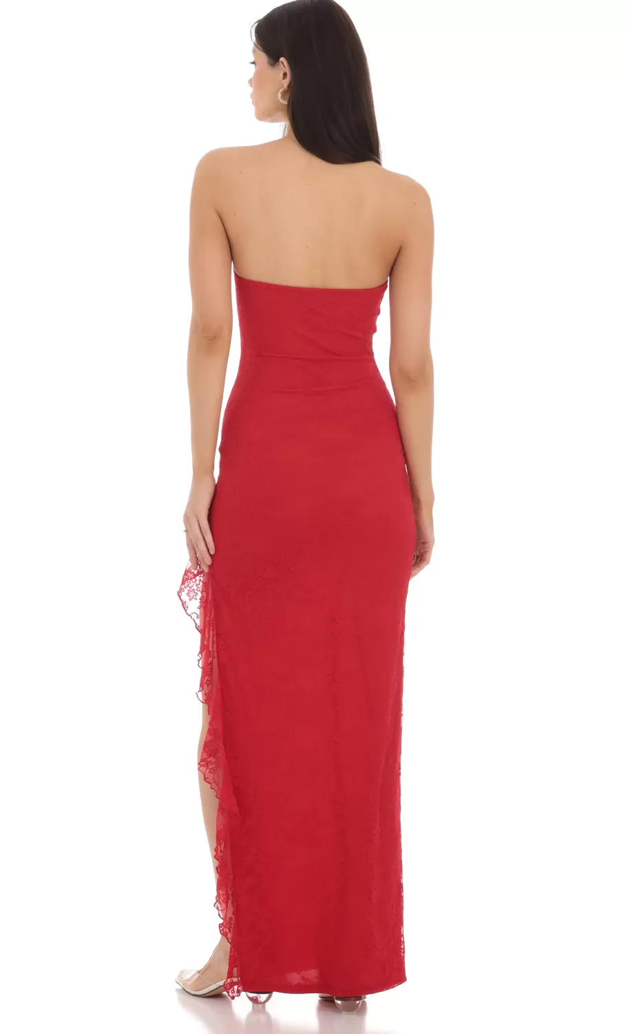 Strapless Lace Ruffle Slit Dress In Red^LUCY IN THE SKY Best Sale