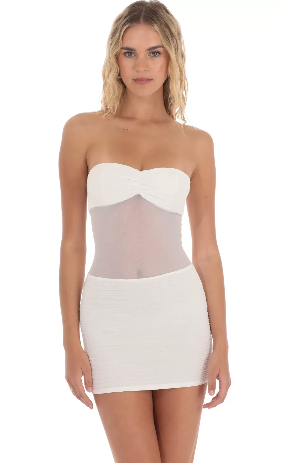 Strapless Mesh Cutout Dress In White^LUCY IN THE SKY Best Sale