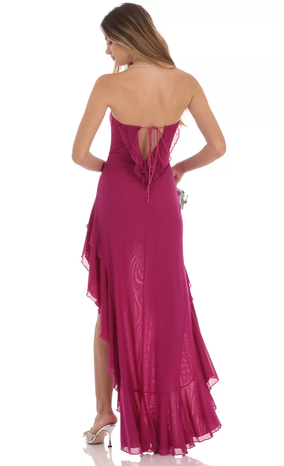 Strapless Mesh High Low Dress In Magenta^LUCY IN THE SKY New