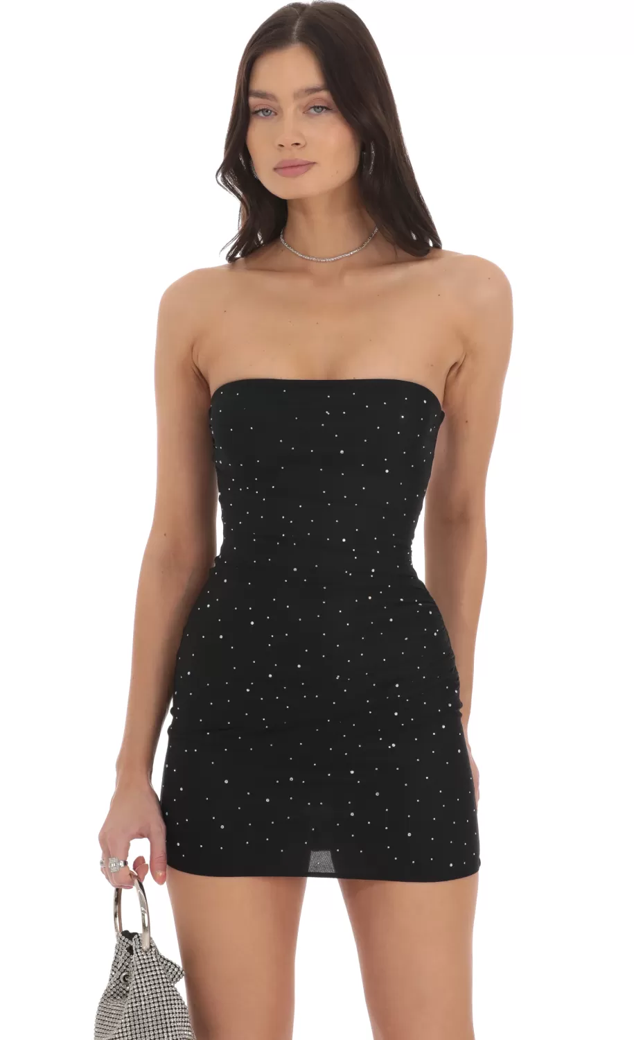 Strapless Mesh Rhinestone Dress In Black^LUCY IN THE SKY Sale