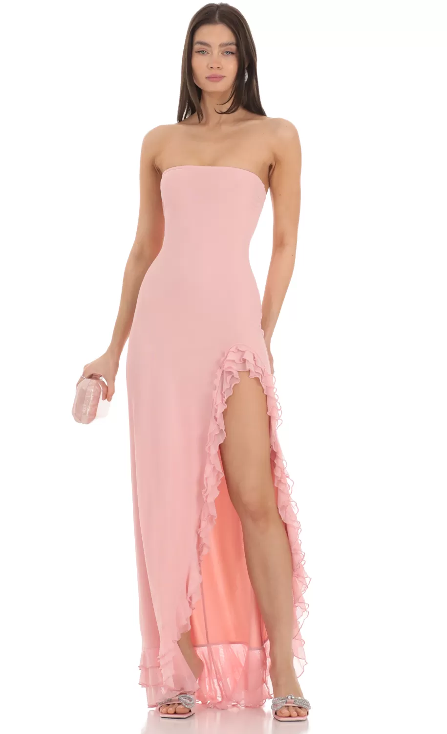 Strapless Mesh Ruffle Maxi Dress In Pink^LUCY IN THE SKY Cheap