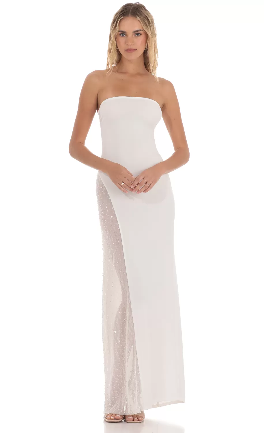 Strapless Mesh Sequin Slit In White^LUCY IN THE SKY New