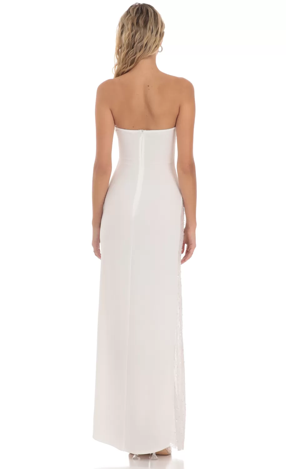 Strapless Mesh Sequin Slit In White^LUCY IN THE SKY New