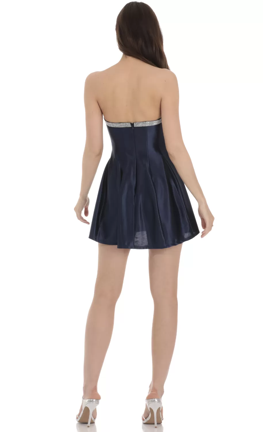 Strapless Rhinestone Satin Dress In Navy^LUCY IN THE SKY Hot