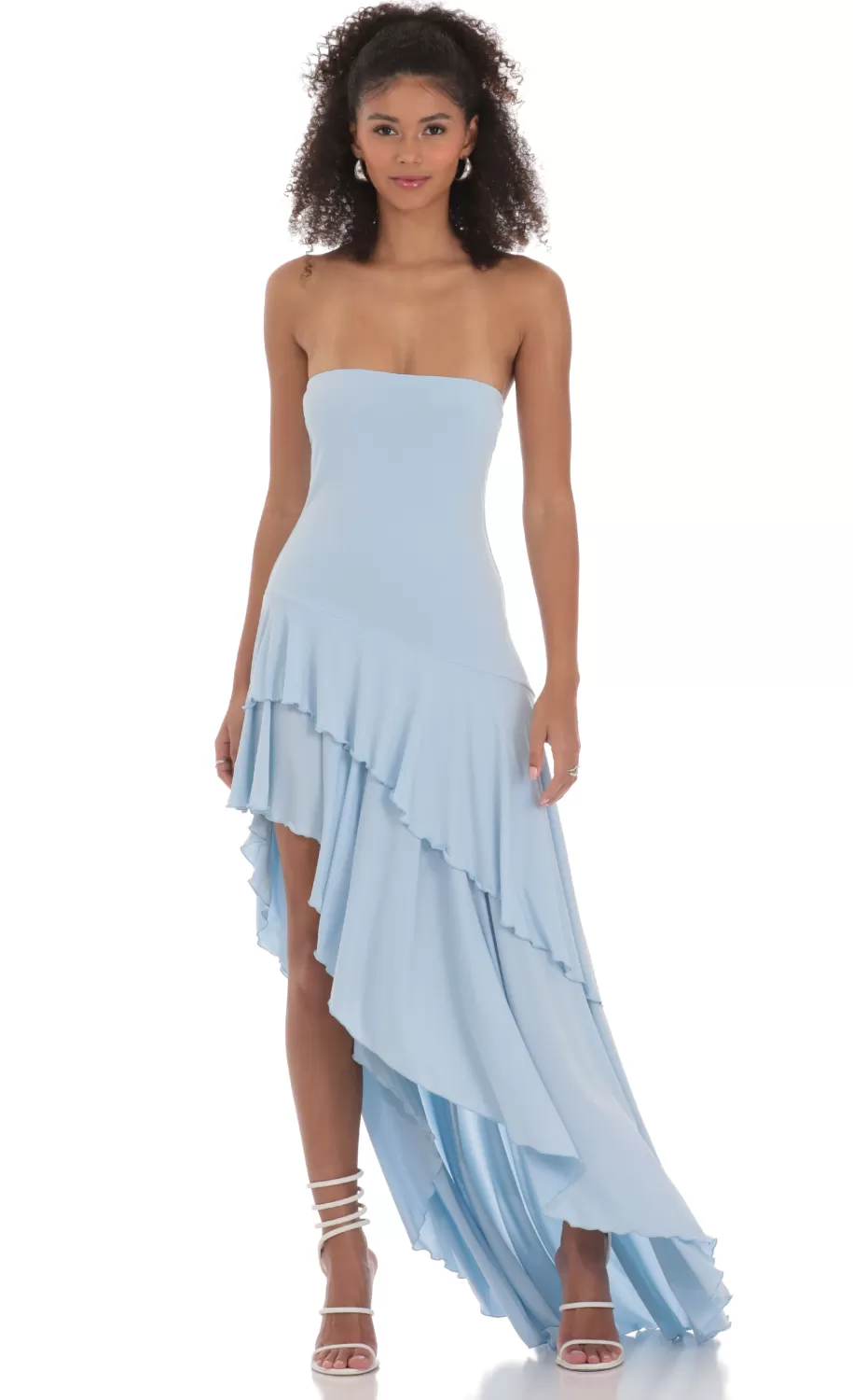 Strapless Ruffle Asymmetrical Maxi Dress In Blue^LUCY IN THE SKY Shop