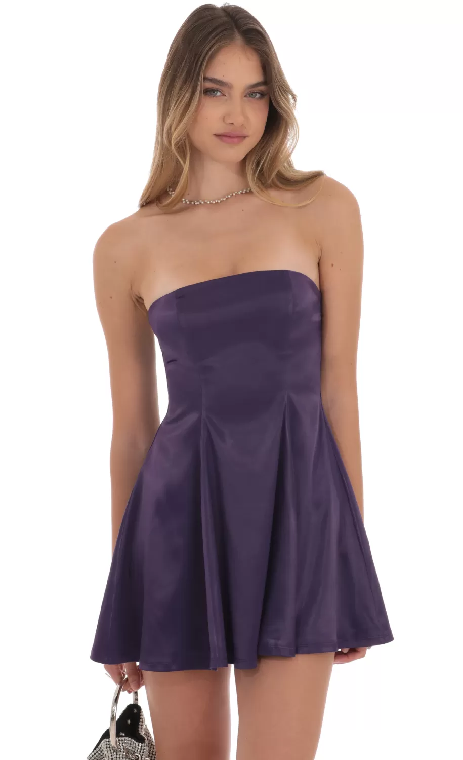 Strapless Satin Fit And Flare Dress In Purple^LUCY IN THE SKY Clearance