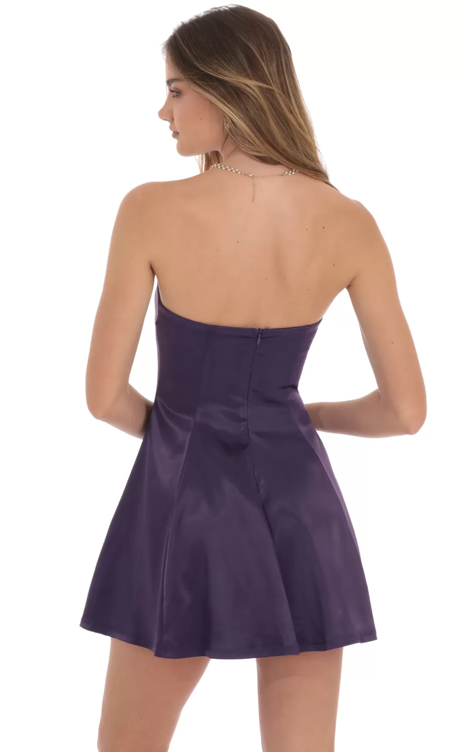 Strapless Satin Fit And Flare Dress In Purple^LUCY IN THE SKY Clearance