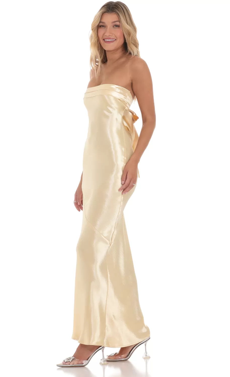 Strapless Satin Open Back Maxi Dress In Gold^LUCY IN THE SKY Sale