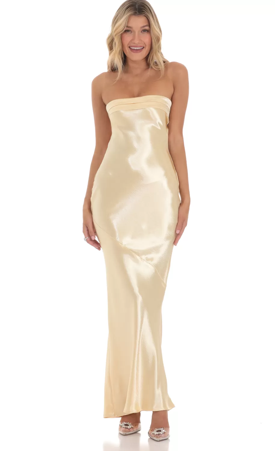 Strapless Satin Open Back Maxi Dress In Gold^LUCY IN THE SKY Sale