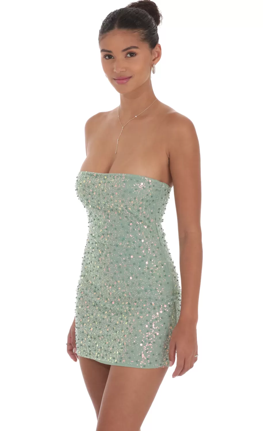 Strapless Sequin Beaded Dress In Sage Green^LUCY IN THE SKY Online