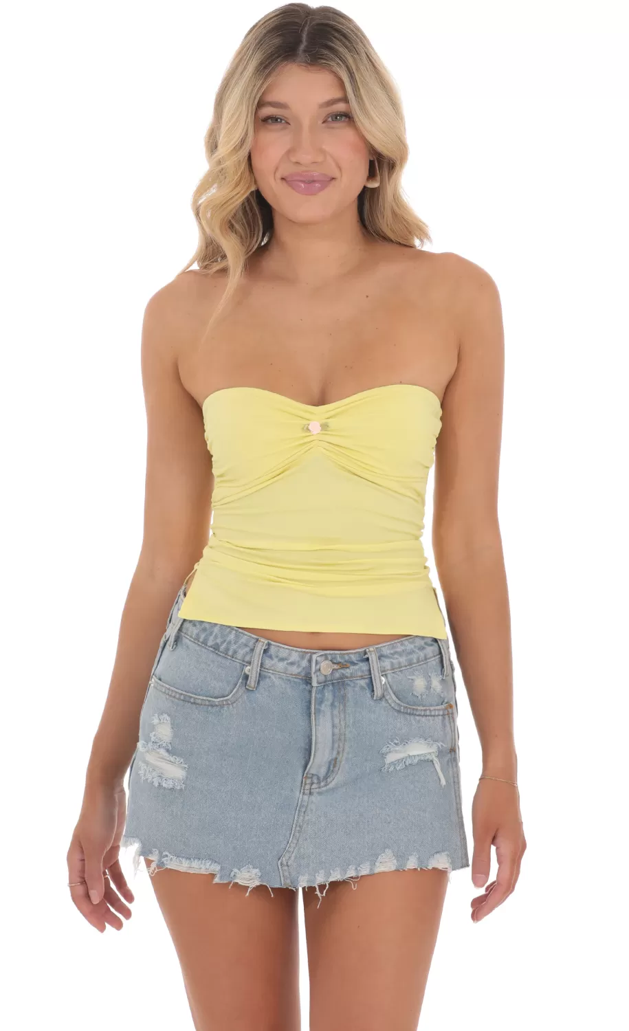 Strapless Slits Top In Yellow^LUCY IN THE SKY Clearance