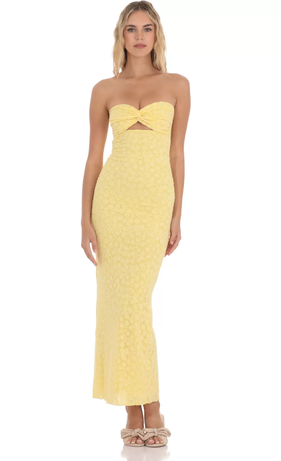 Strapless Textured Floral Twist Maxi Dress In Yellow^LUCY IN THE SKY Discount