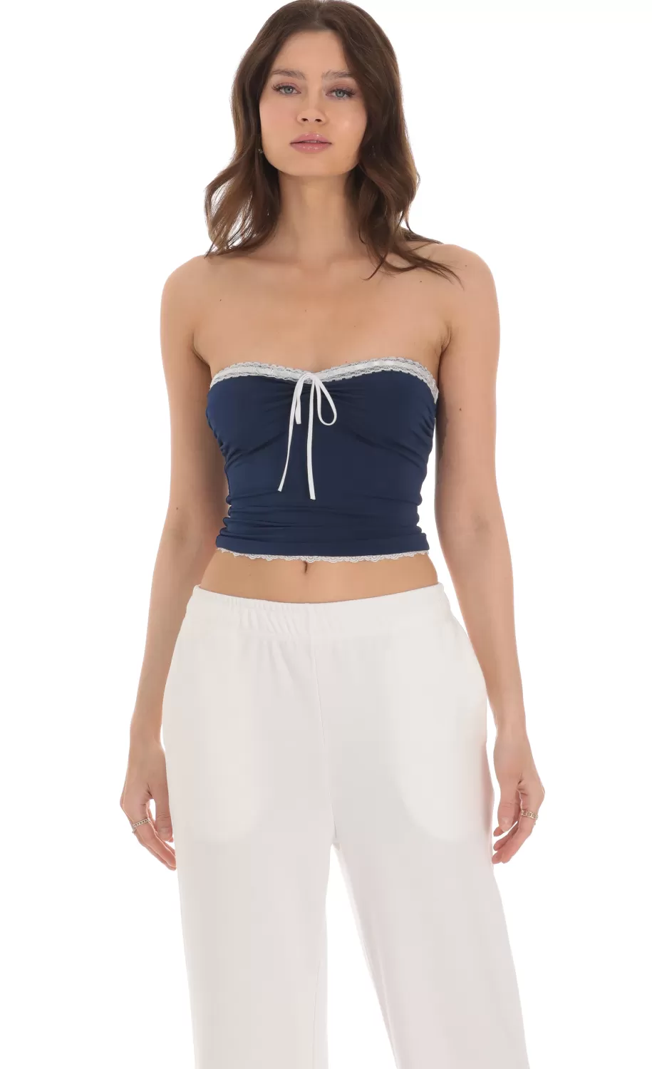 Strapless White Lace Top In Navy^LUCY IN THE SKY Cheap