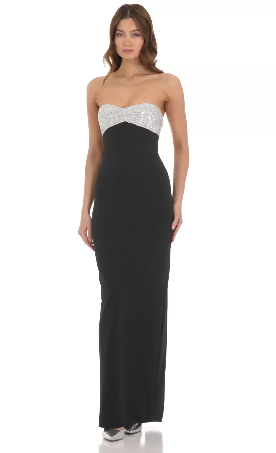 Strapless White Sequin Maxi Dress In Black^LUCY IN THE SKY Clearance