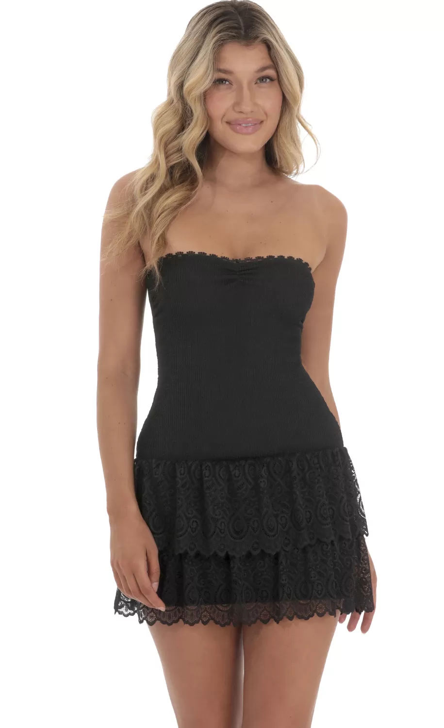 Stretch Lace Ruffle Strapless Dress In Black^LUCY IN THE SKY New