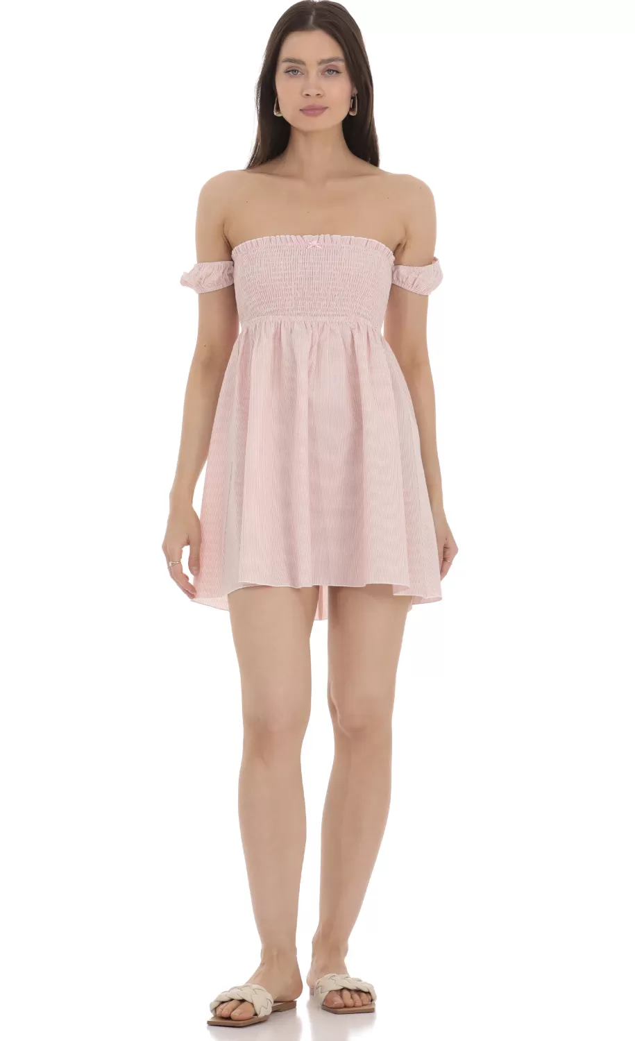 Striped Smocked Off Shoulder Dress In Pink^LUCY IN THE SKY Best