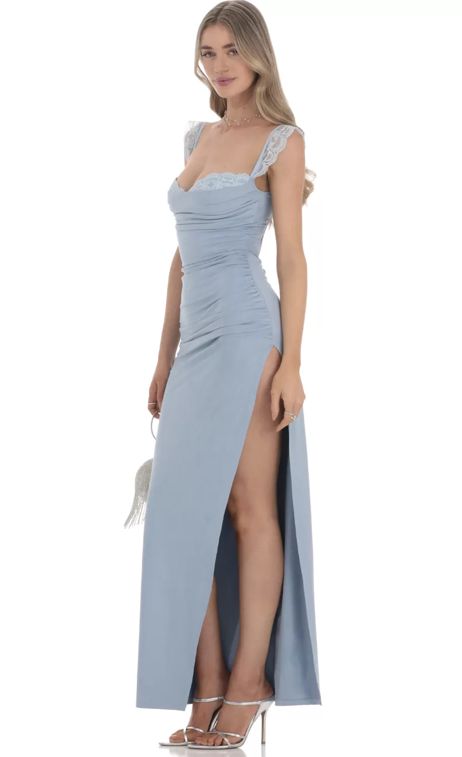 Suede Draped Lace Maxi Dress In Blue^LUCY IN THE SKY Online