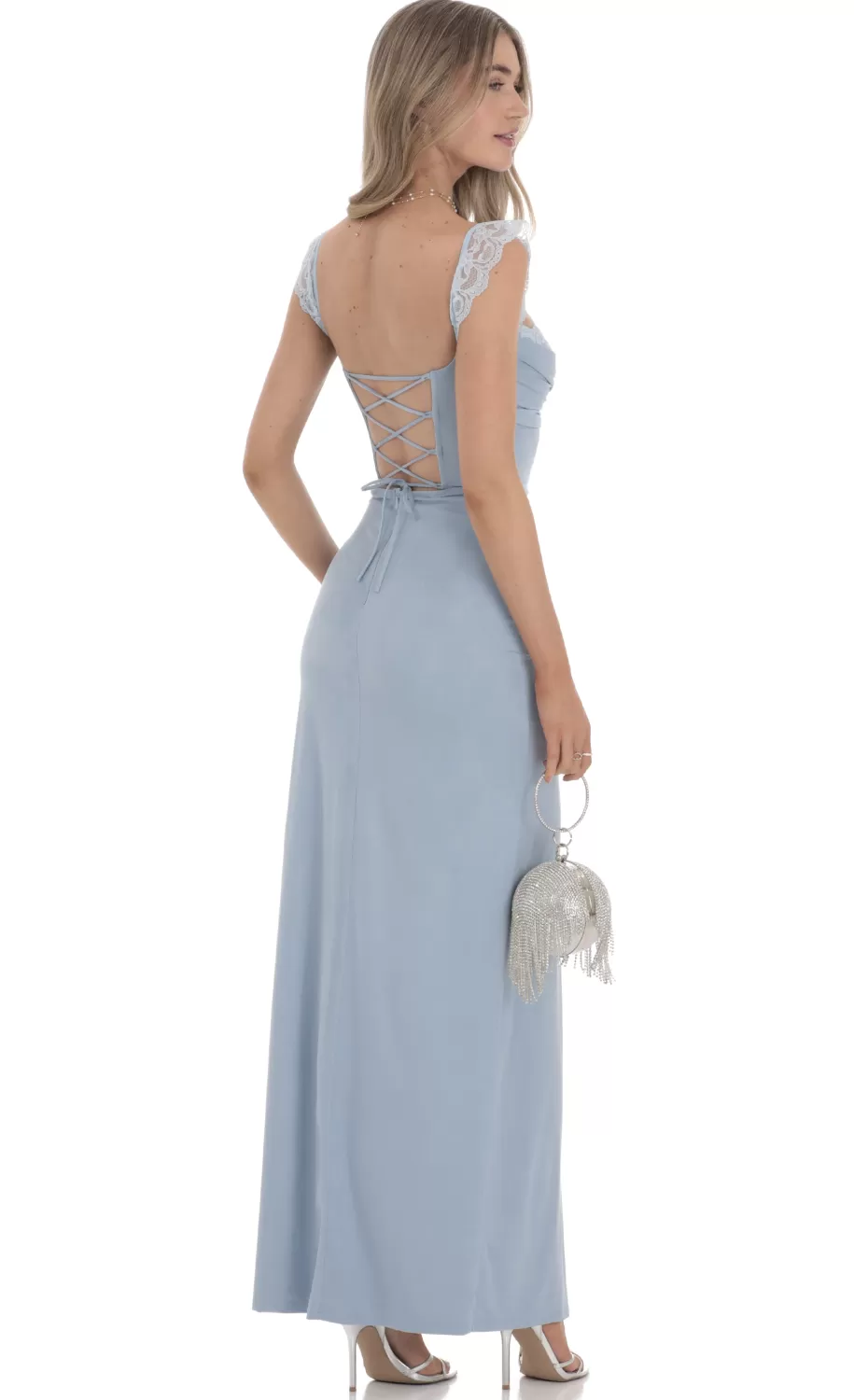 Suede Draped Lace Maxi Dress In Blue^LUCY IN THE SKY Online