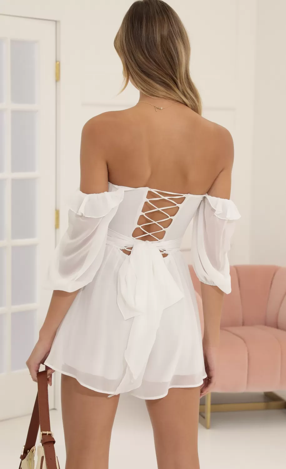 Tracie Chelsea Chiffon Off The Shoulder Romper In White^LUCY IN THE SKY New