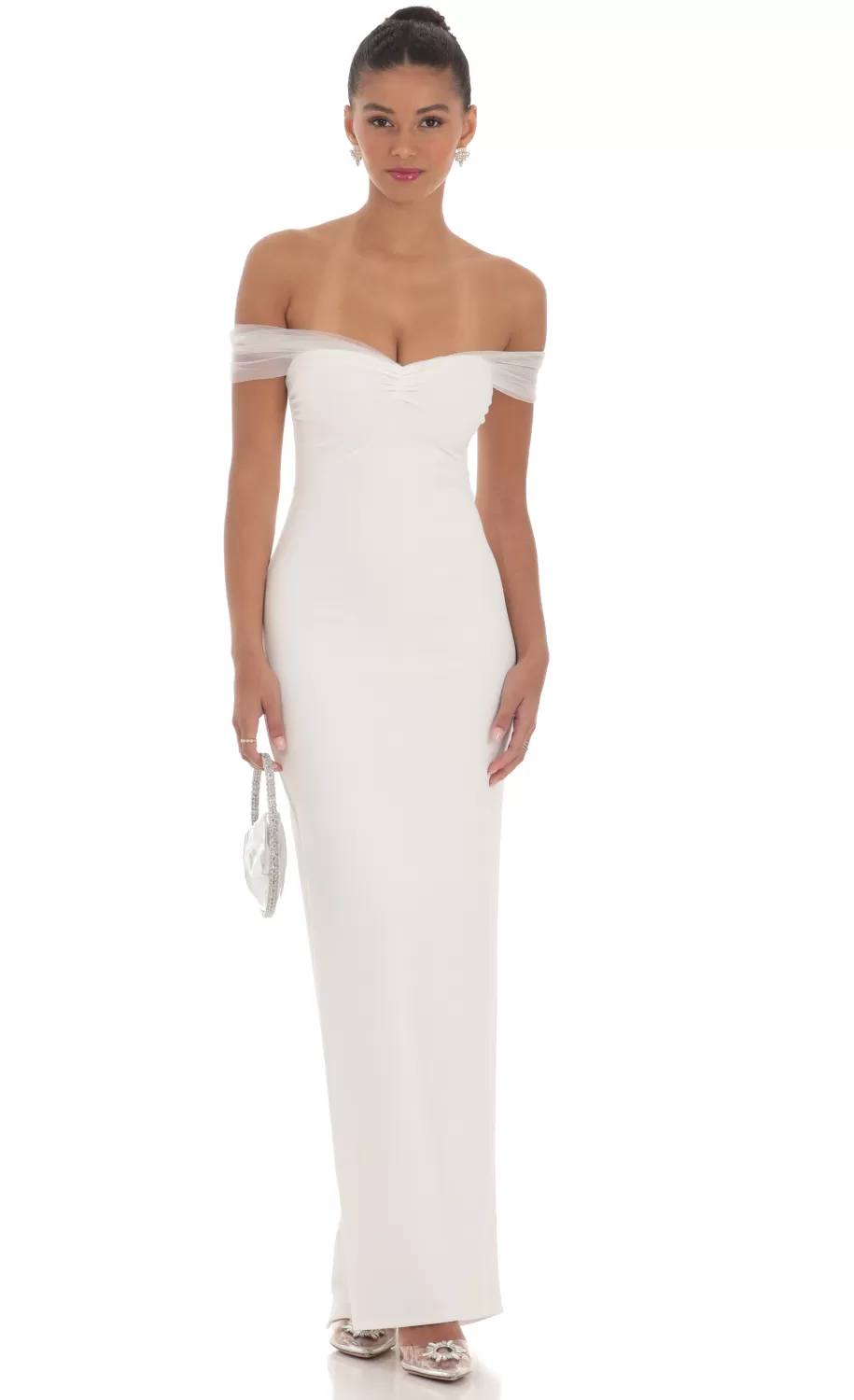 Tulle Off Shoulder Sleeve Maxi Dress In White^LUCY IN THE SKY Store