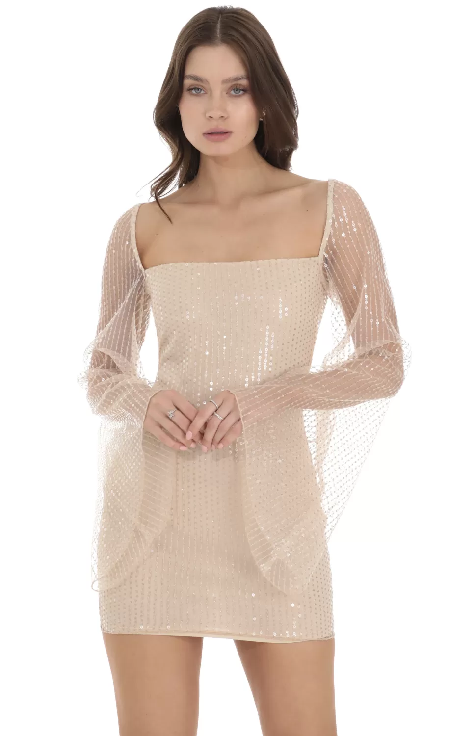 Tulle Sequin Flare Sleeve Dress In Champagne^LUCY IN THE SKY Clearance