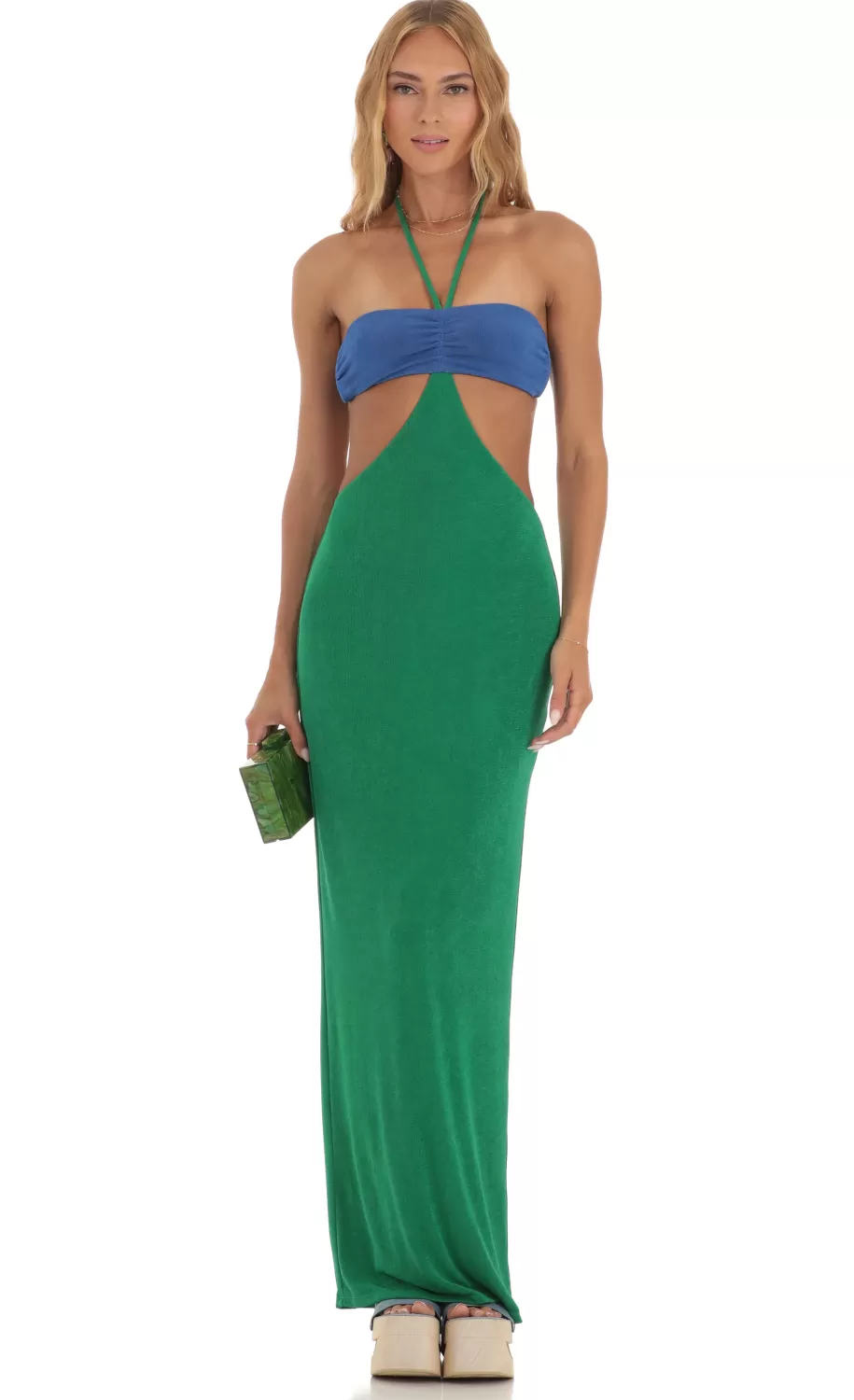 Two Toned Cutout Maxi Dress In Blue And Green^LUCY IN THE SKY Flash Sale