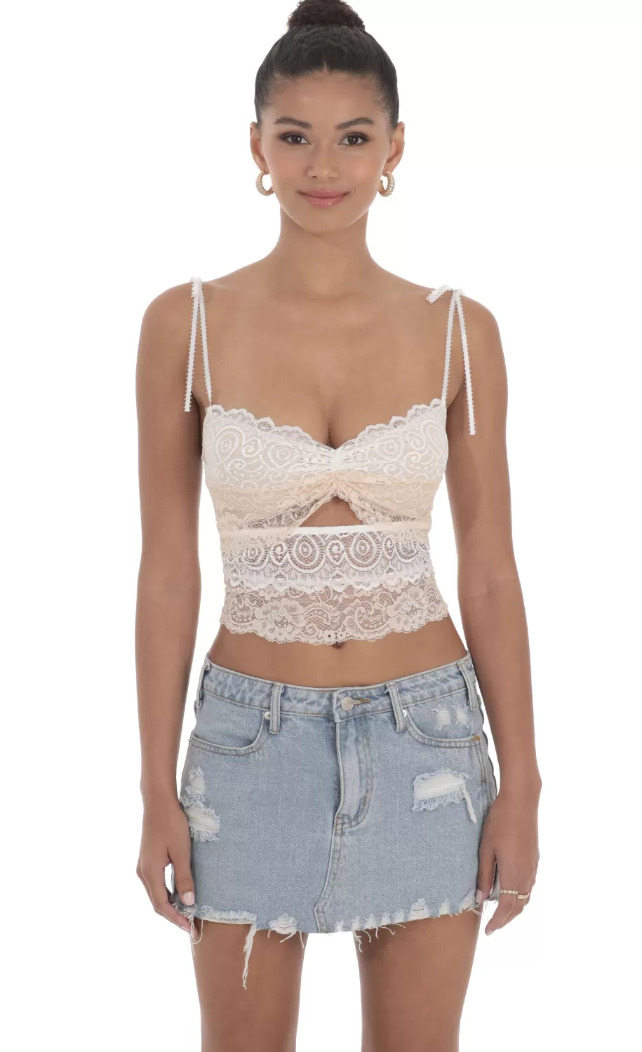 Two Toned Lace Top In White^LUCY IN THE SKY Discount