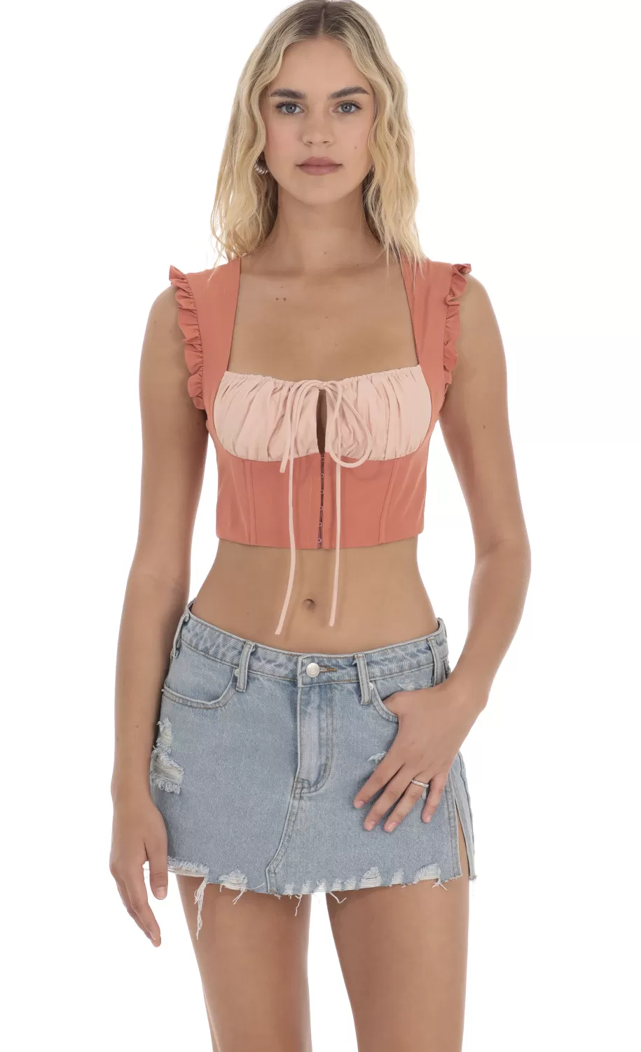 Two Toned Ruffle Top In Orange^LUCY IN THE SKY New